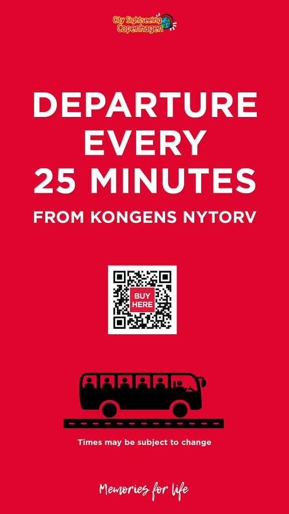 Rødt POS-materiale i motion-graphics stil med information om busafgange hver 25. minut fra Kongens Nytorv, inkl. QR-kode og grafisk busikon.