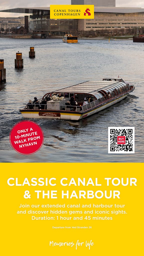Motion-graphics inspireret POS-materiale for Classic Canal Tour i København med gul baggrund, foto af kanalbåd og QR-kode.