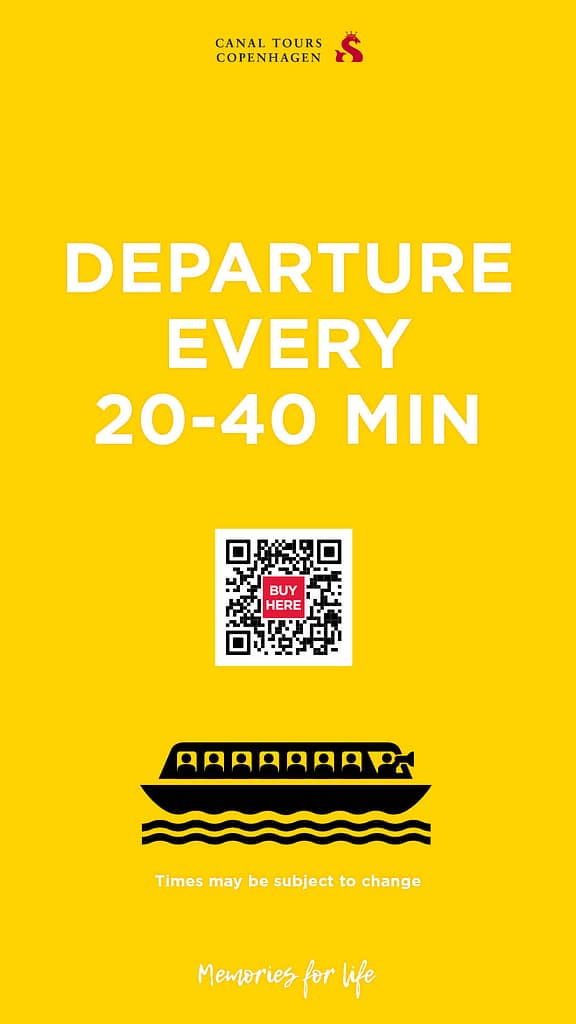 Gult motion-graphics POS-materiale, der viser afgangstider for Classic Canal Tour med interval 20-40 minutter, inkl. QR-kode og grafisk bådikon.