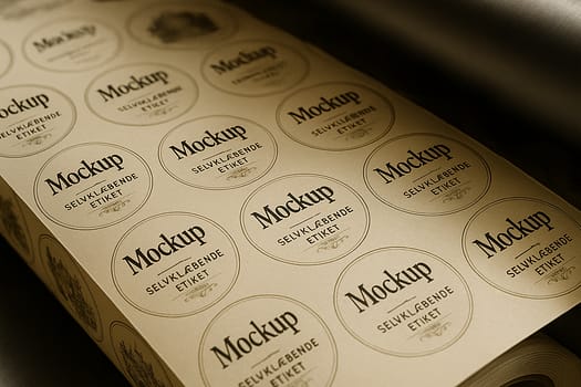 Round self-adhesive labels on sheets - realistic mockup from Exemplar.dk with classic typography printed on matte paper.