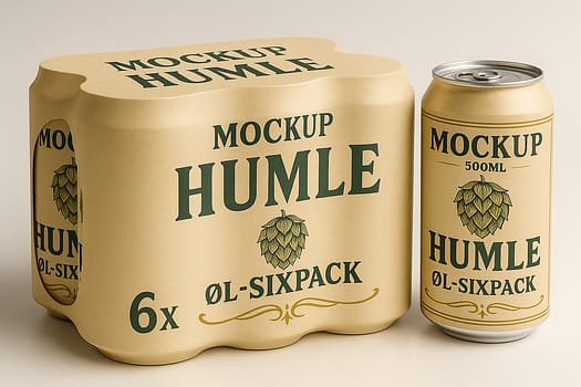 Sixpack med specialøl mockup “HUMLE ØL-SIXPACK” og en enkelt dåse ved siden af, i realistisk beige og grøn designstil.